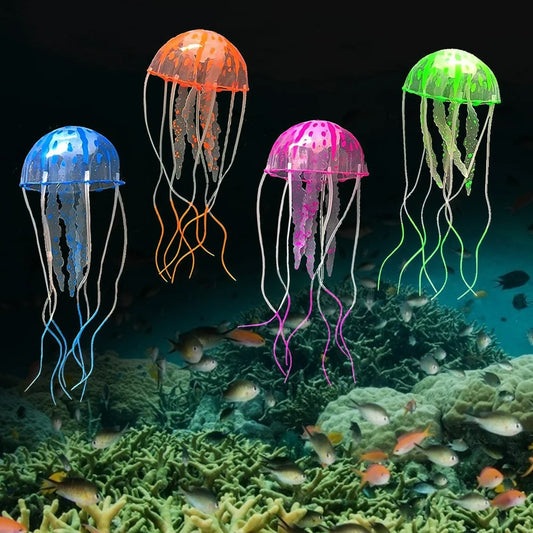 4Pcs Jellyfish Aquarium Decorations,  Glowing Effect Artificial Jellyfish Aquarium Decor, Fish Tank Ornament Silicone Decoration, Instant Suction Cup Installation